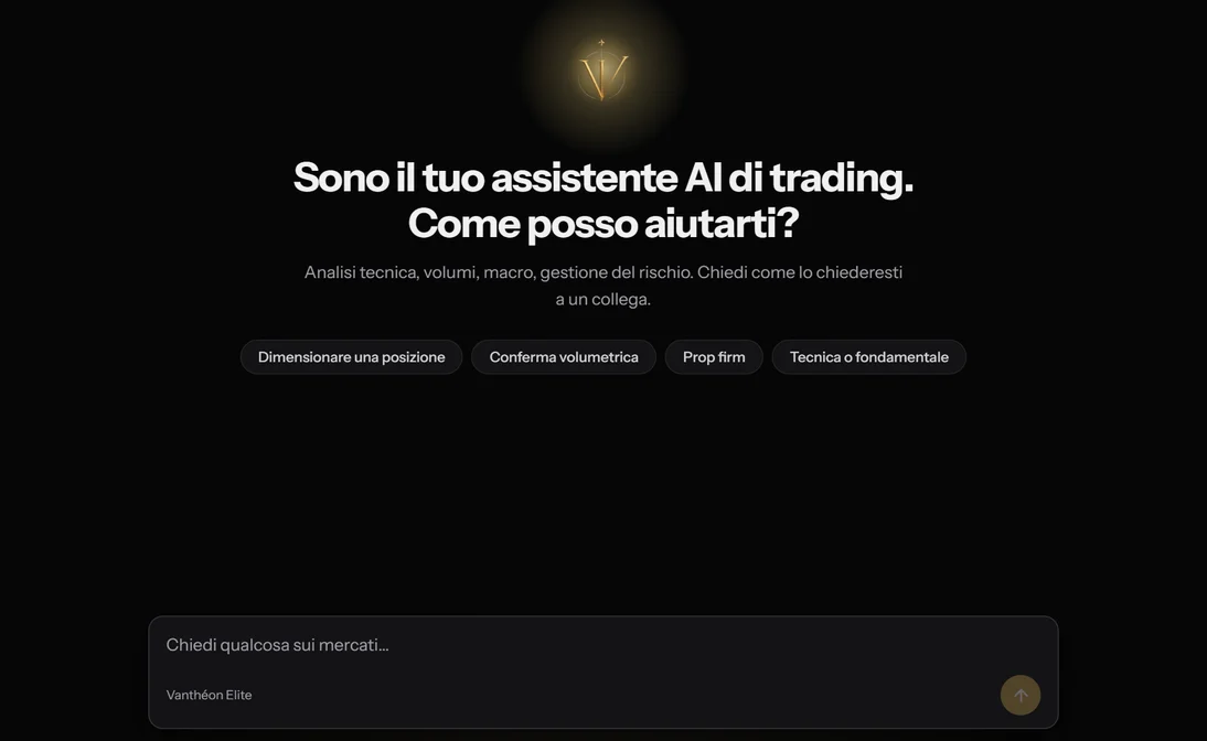 La schermata di Vanthéon AI: il saluto, gli spunti per iniziare e il campo per scrivere la domanda.